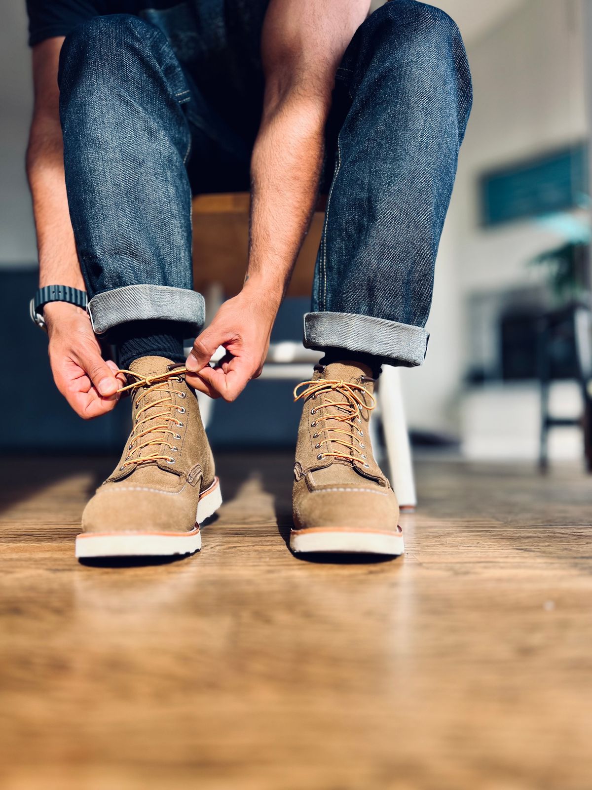 Photo by patinatimes on December 19, 2023 of the Red Wing 6-Inch Classic Moc in S.B. Foot Olive Mohave Roughout.