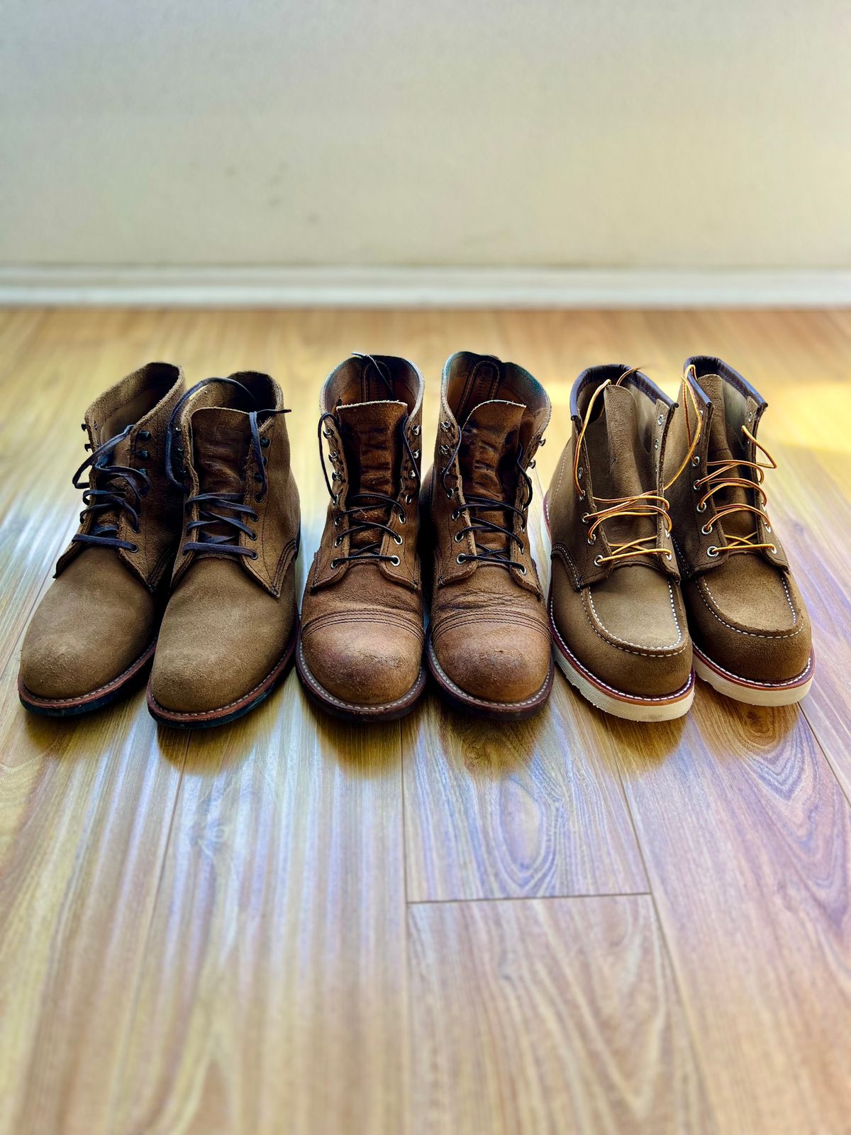 Photo by patinatimes on December 9, 2023 of the Red Wing 6-Inch Classic Moc in S.B. Foot Olive Mohave Roughout.