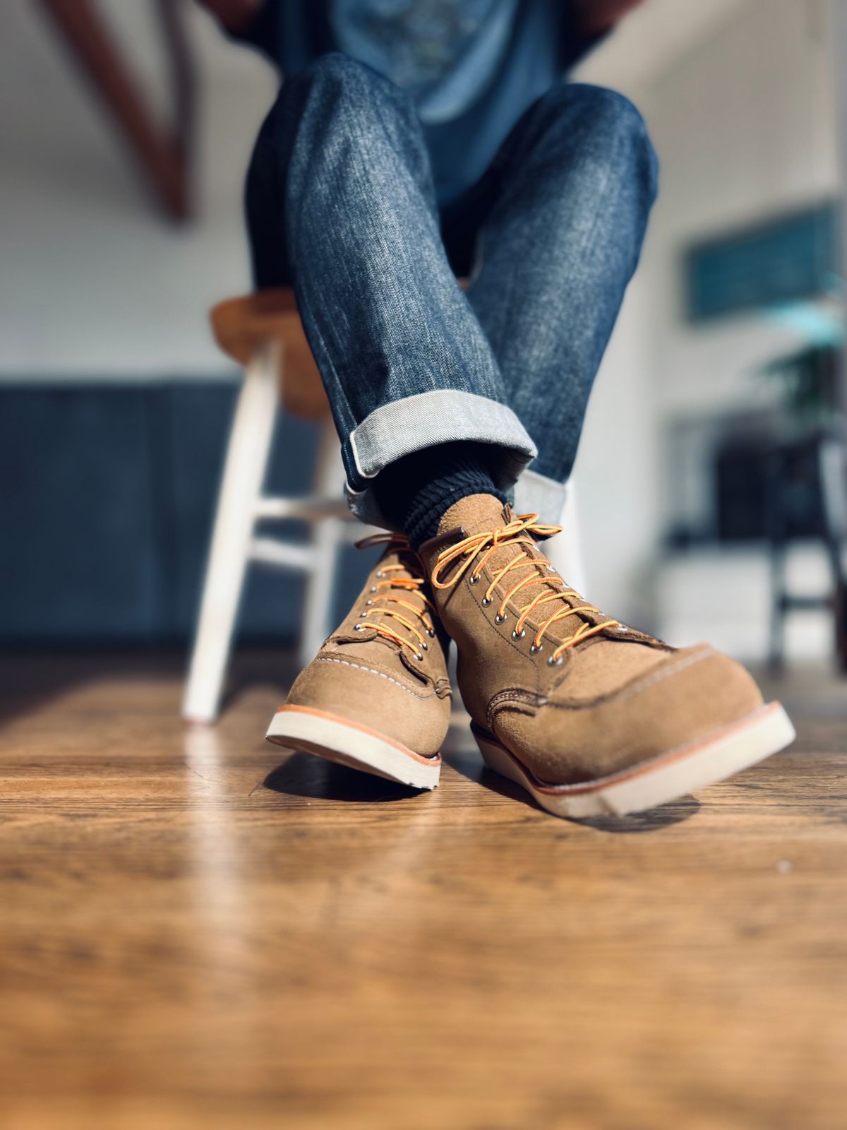 Photo by patinatimes on December 19, 2023 of the Red Wing 6-Inch Classic Moc in S.B. Foot Olive Mohave Roughout.