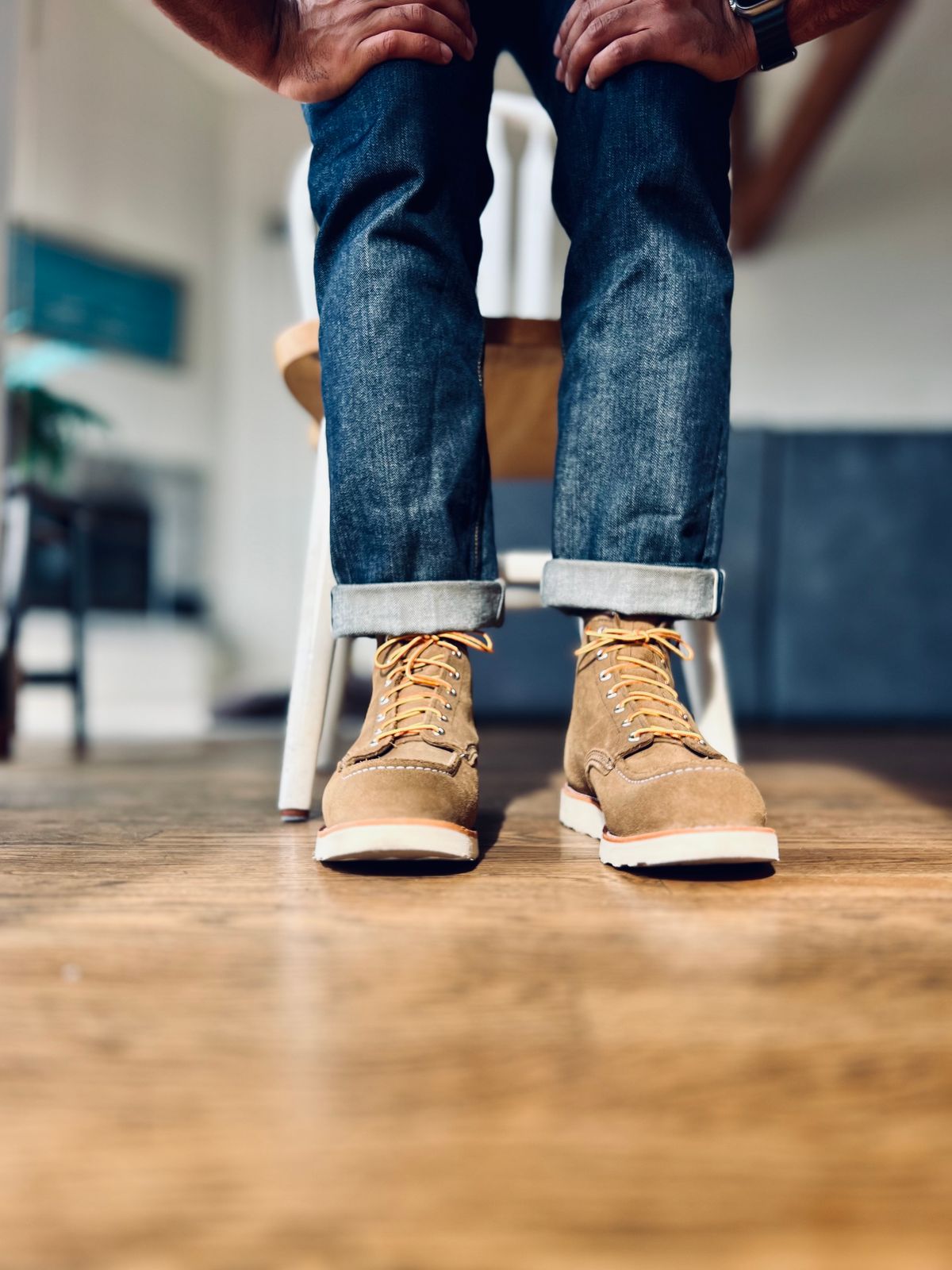 Photo by patinatimes on December 19, 2023 of the Red Wing 6-Inch Classic Moc in S.B. Foot Olive Mohave Roughout.