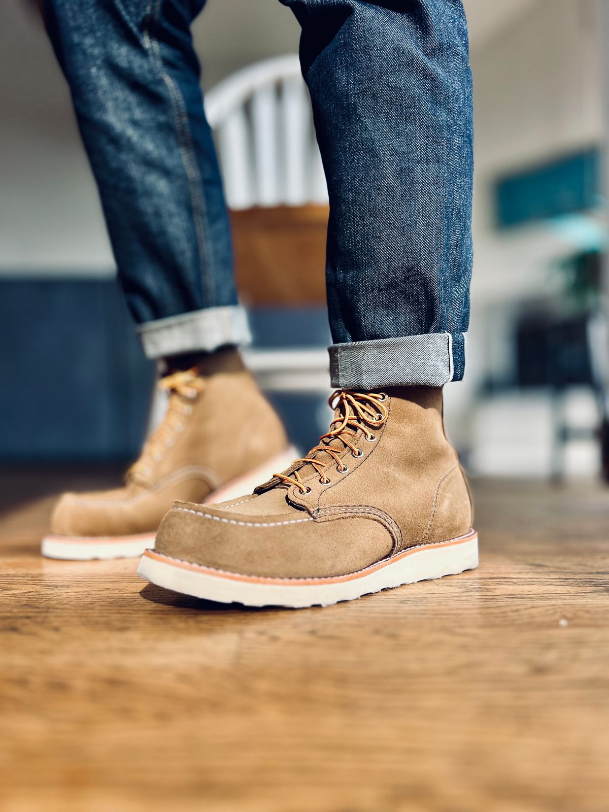 Photo by patinatimes on December 19, 2023 of the Red Wing 6-Inch Classic Moc in S.B. Foot Olive Mohave Roughout.