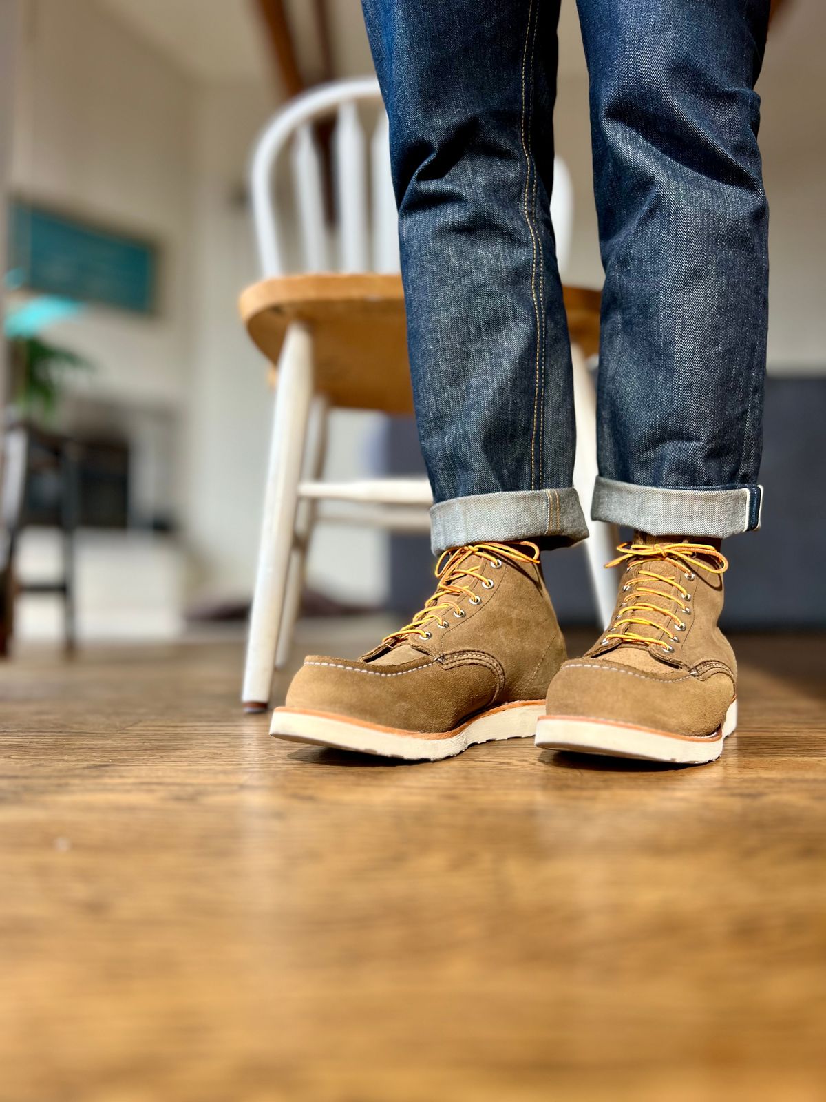 Photo by patinatimes on December 19, 2023 of the Red Wing 6-Inch Classic Moc in S.B. Foot Olive Mohave Roughout.