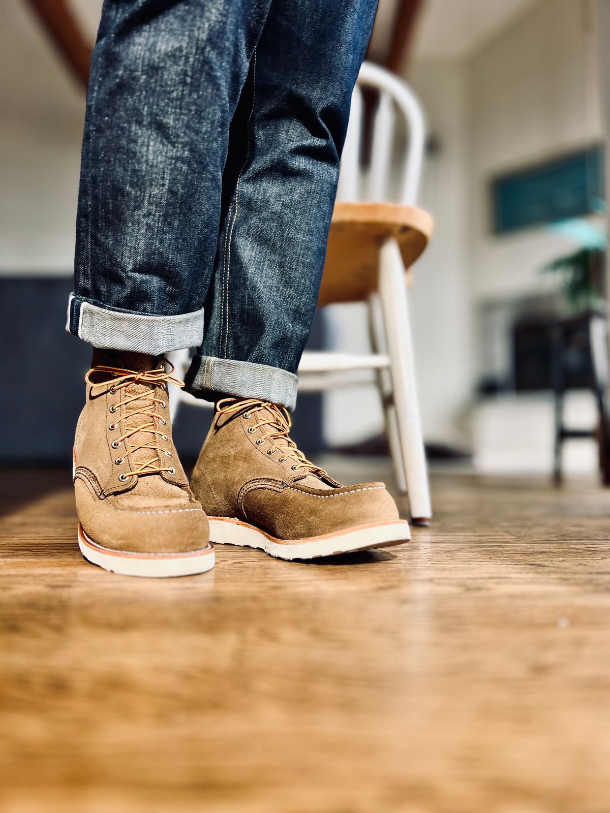 Photo by patinatimes on December 19, 2023 of the Red Wing 6-Inch Classic Moc in S.B. Foot Olive Mohave Roughout.