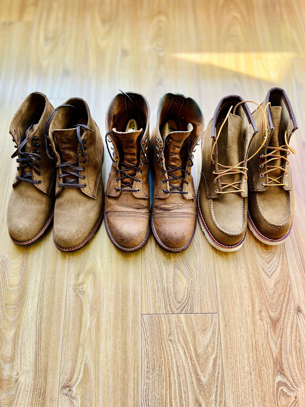 Photo by patinatimes on December 9, 2023 of the Red Wing 6-Inch Classic Moc in S.B. Foot Olive Mohave Roughout.