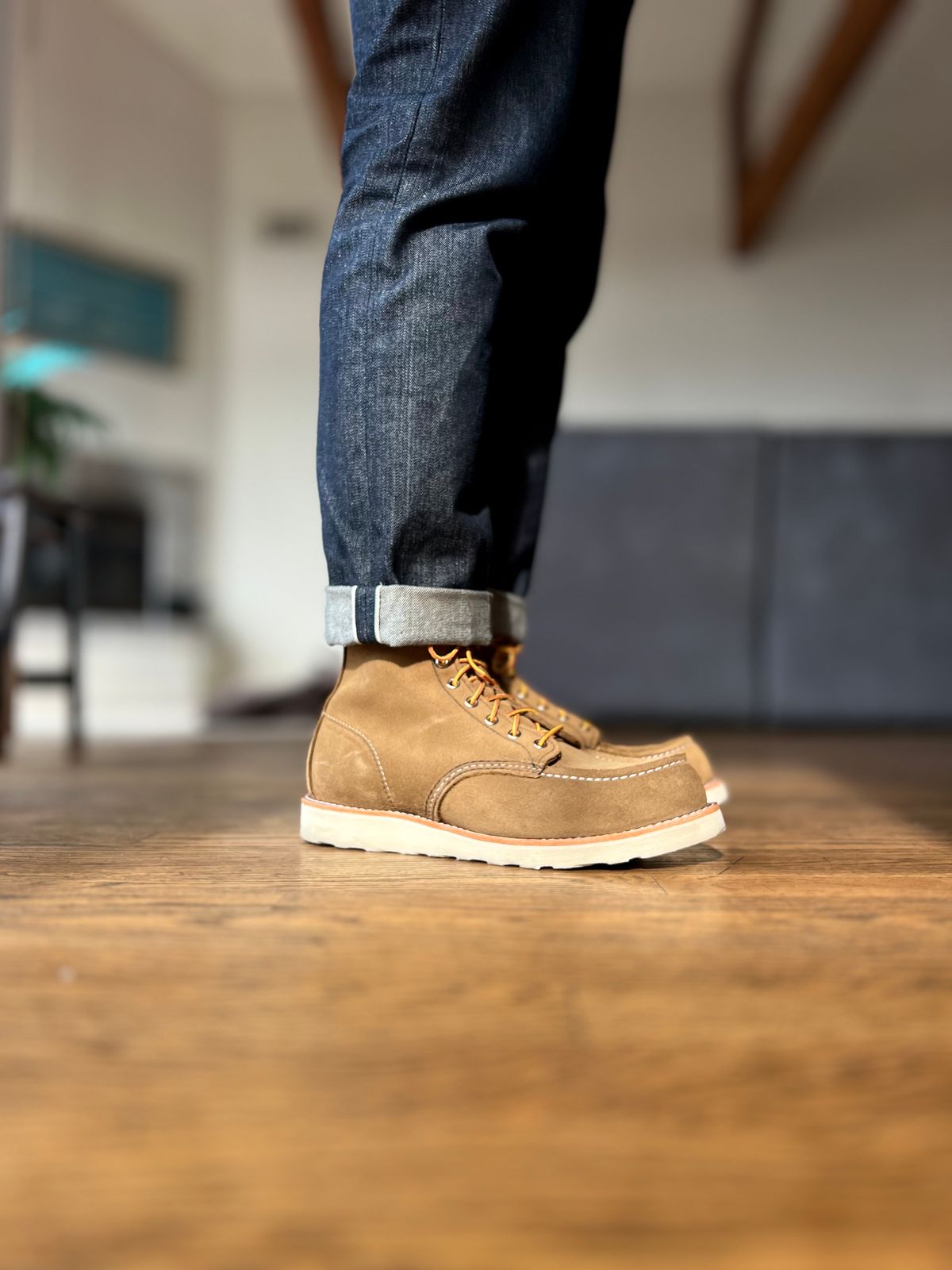 Photo by patinatimes on December 19, 2023 of the Red Wing 6-Inch Classic Moc in S.B. Foot Olive Mohave Roughout.