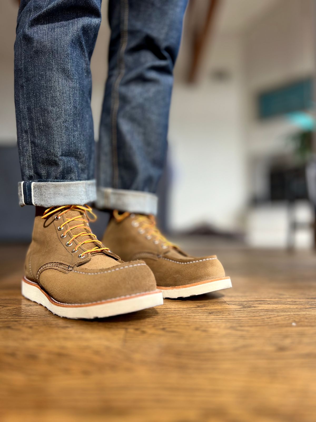 Photo by patinatimes on December 19, 2023 of the Red Wing 6-Inch Classic Moc in S.B. Foot Olive Mohave Roughout.