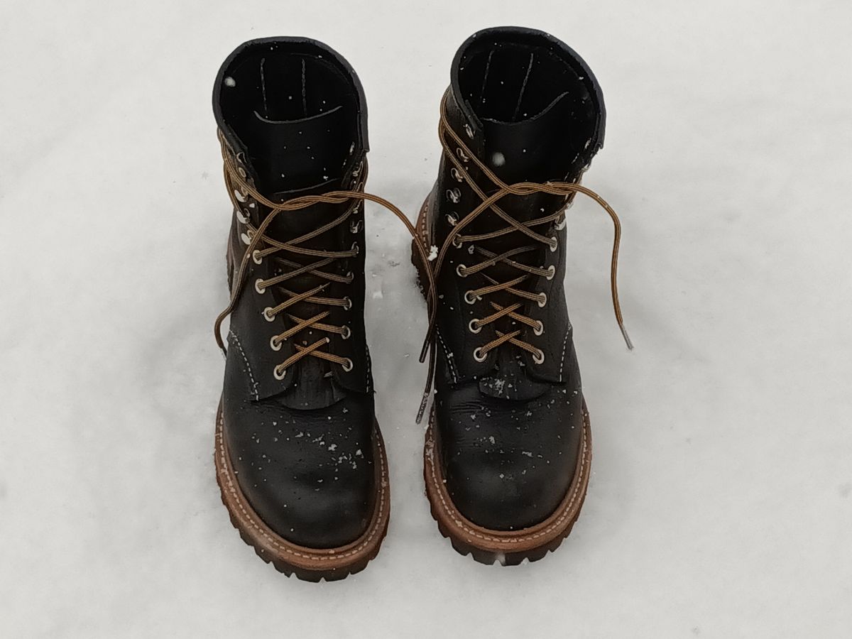 Photo by DaddyBootsEsquire on February 2, 2026 of the Red Wing Red Wing / 4501 Logger in Red Wing / S.B. Foot Black Oil Slick.