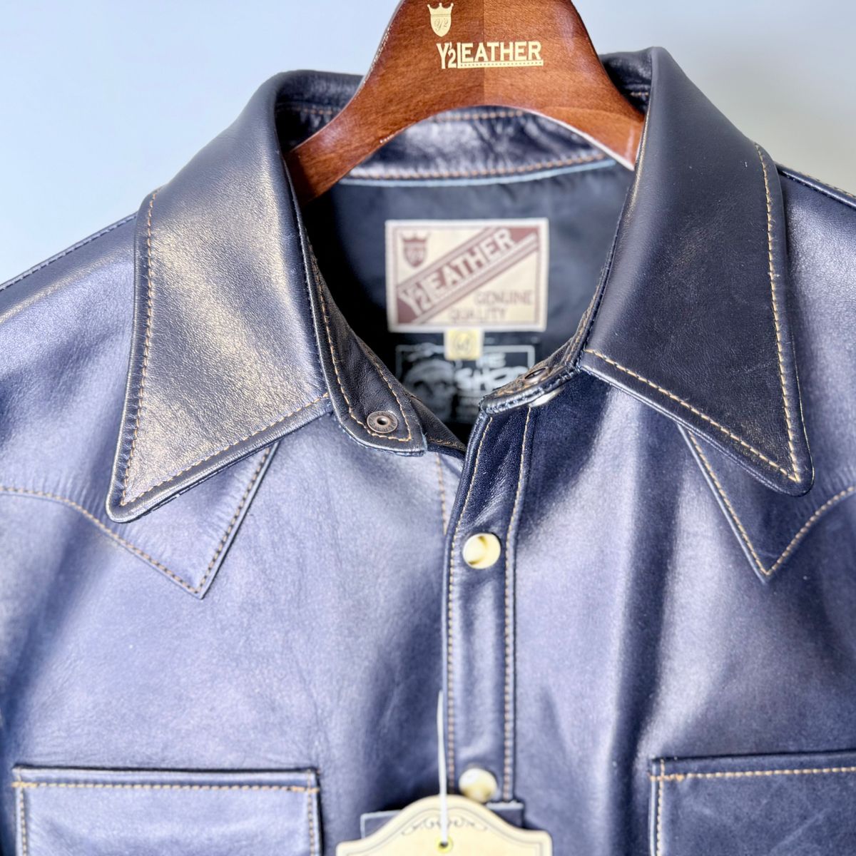 Photo by rmgman on October 6, 2025 of the Y'2 Leather The Shop Vancouver Pablo Indigo Horse Hide Western Shirt in Indigo Horsehide.