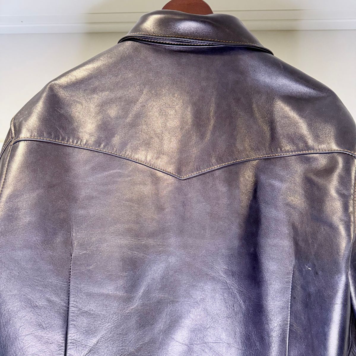 Photo by rmgman on October 6, 2025 of the Y'2 Leather The Shop Vancouver Pablo Indigo Horse Hide Western Shirt in Indigo Horsehide.