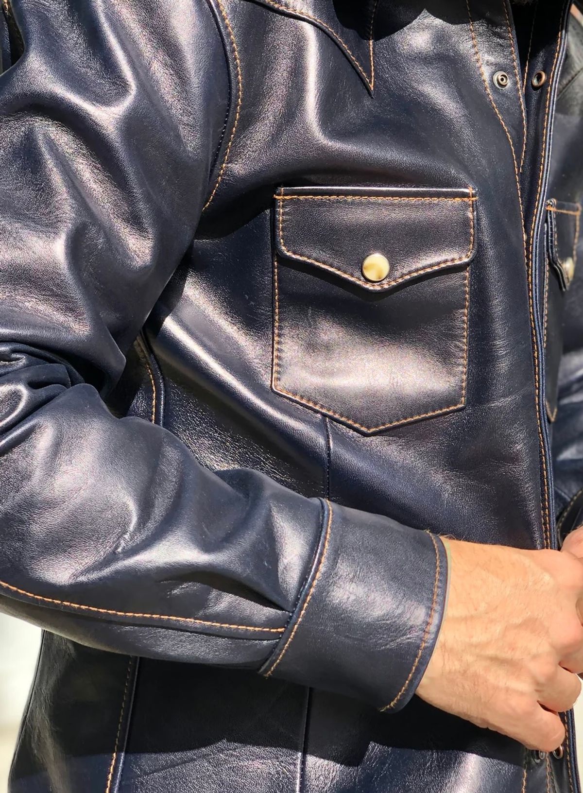 Photo by rmgman on October 6, 2025 of the Y'2 Leather The Shop Vancouver Pablo Indigo Horse Hide Western Shirt in Indigo Horsehide.