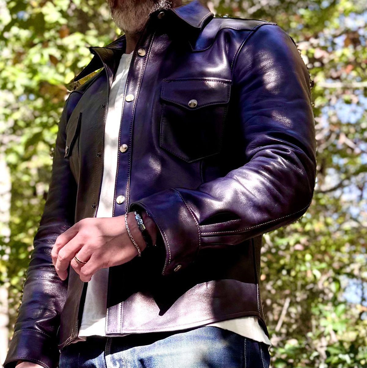 Photo by rmgman on October 6, 2025 of the Y'2 Leather The Shop Vancouver Pablo Indigo Horse Hide Western Shirt in Indigo Horsehide.