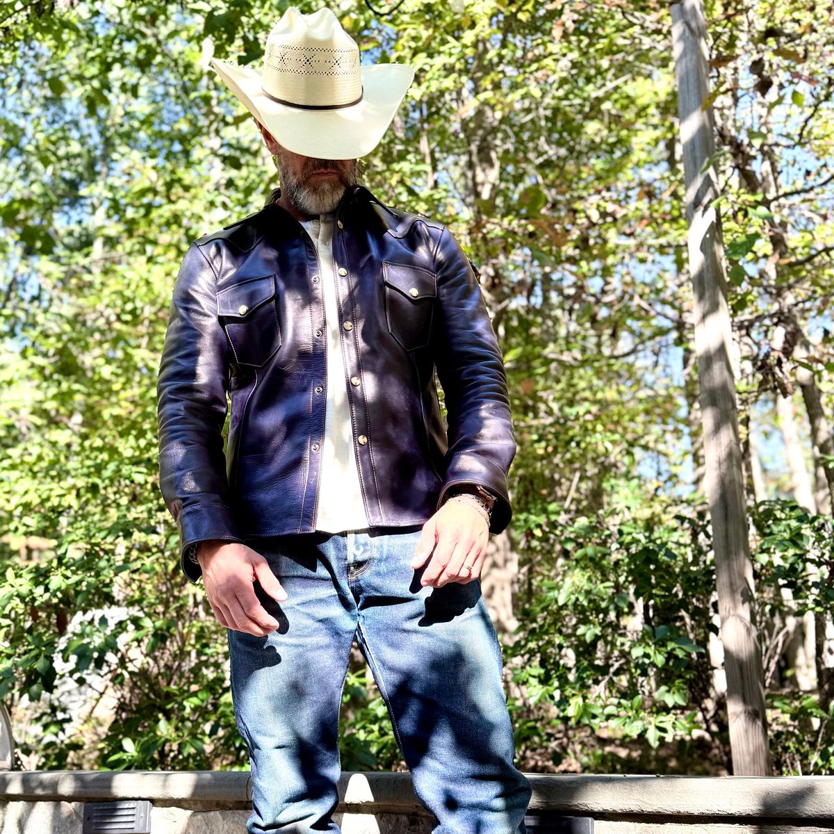 Photo by rmgman on October 6, 2025 of the Y'2 Leather The Shop Vancouver Pablo Indigo Horse Hide Western Shirt in Indigo Horsehide.