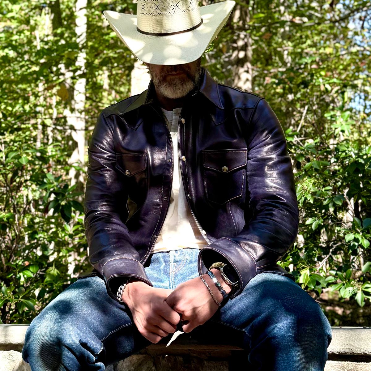 Photo by rmgman on October 6, 2025 of the Y'2 Leather The Shop Vancouver Pablo Indigo Horse Hide Western Shirt in Indigo Horsehide.