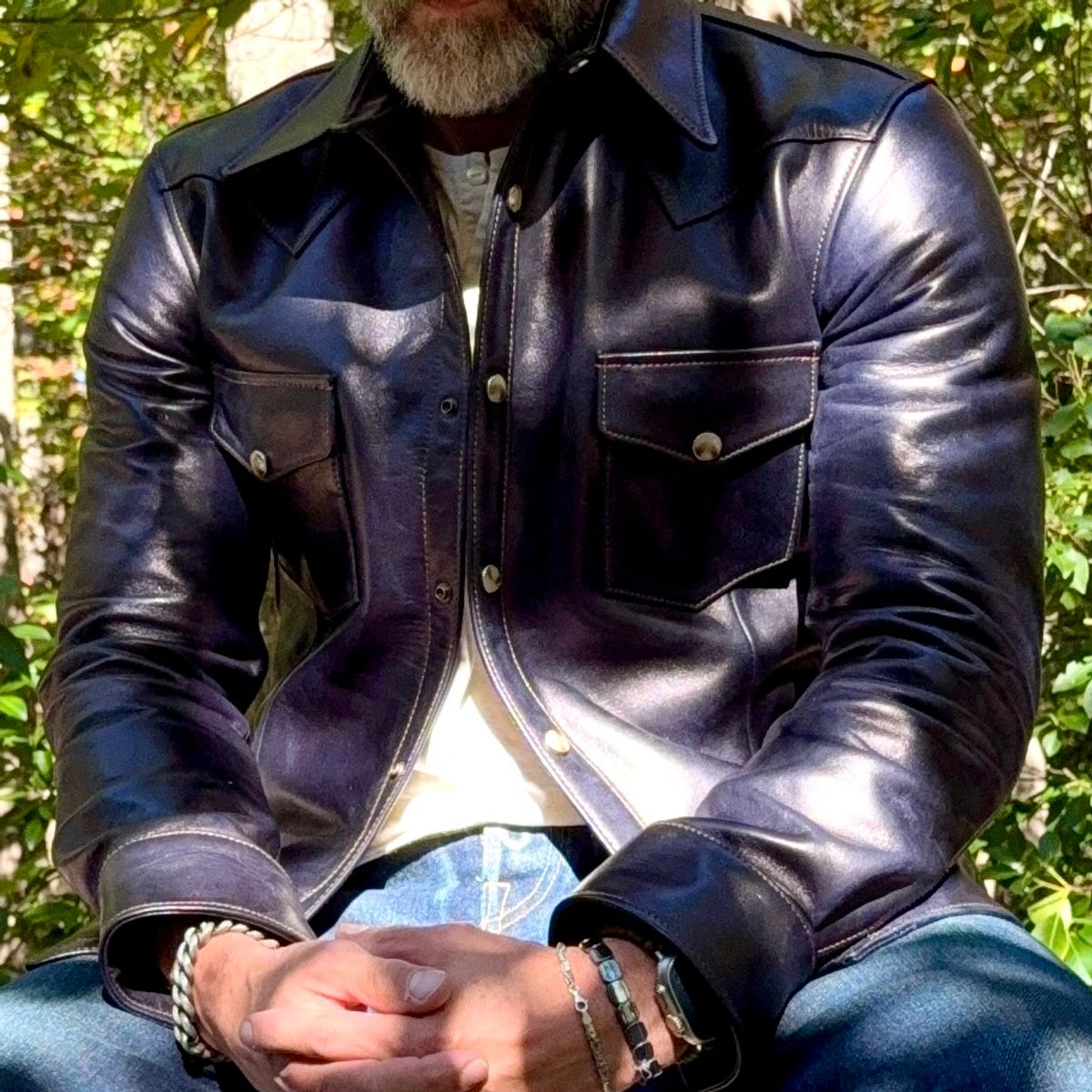 Photo by rmgman on October 6, 2025 of the Y'2 Leather The Shop Vancouver Pablo Indigo Horse Hide Western Shirt in Indigo Horsehide.