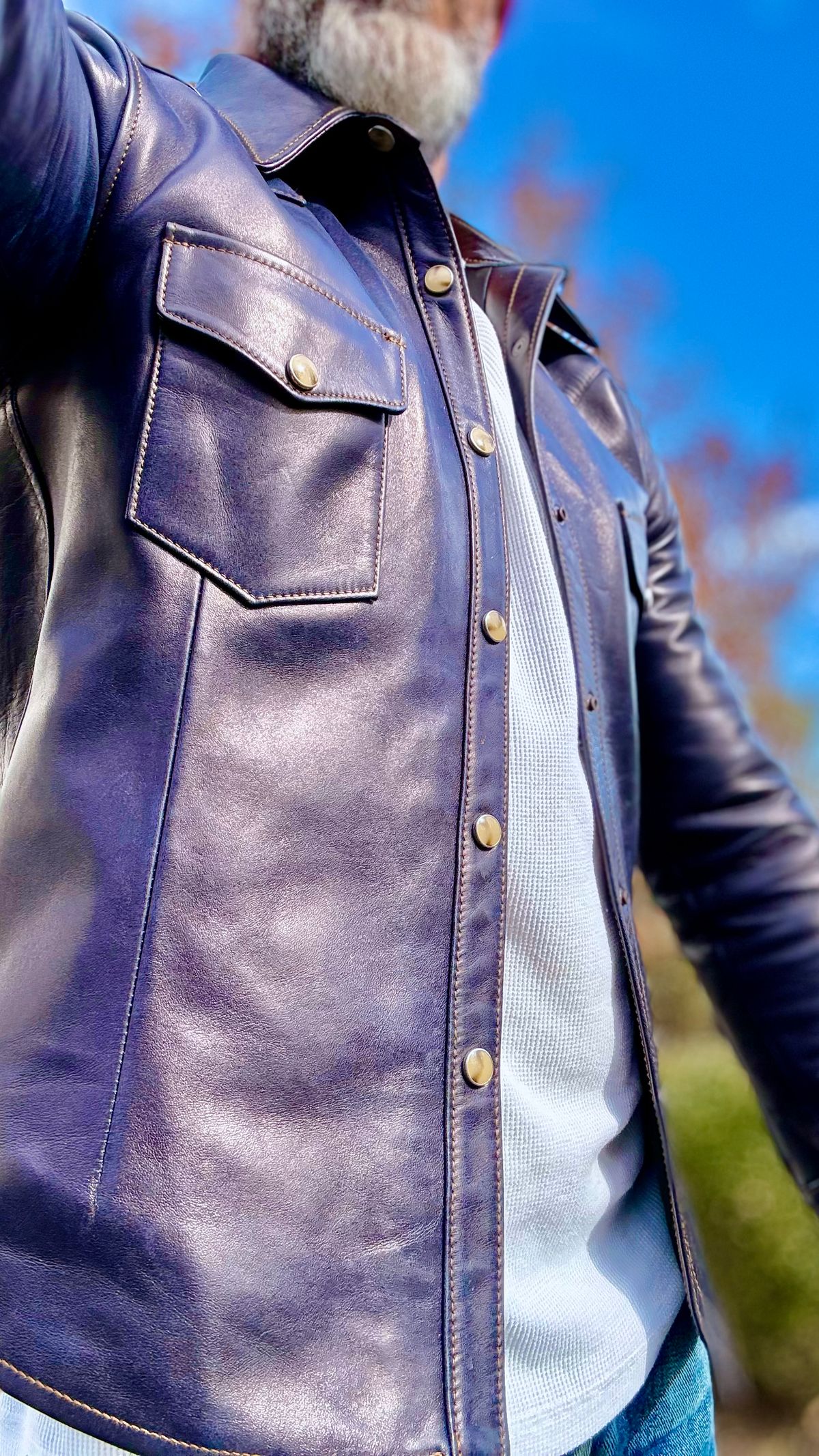 Photo by rmgman on November 4, 2025 of the Y'2 Leather The Shop Vancouver Pablo Indigo Horse Hide Western Shirt in Indigo Horsehide.