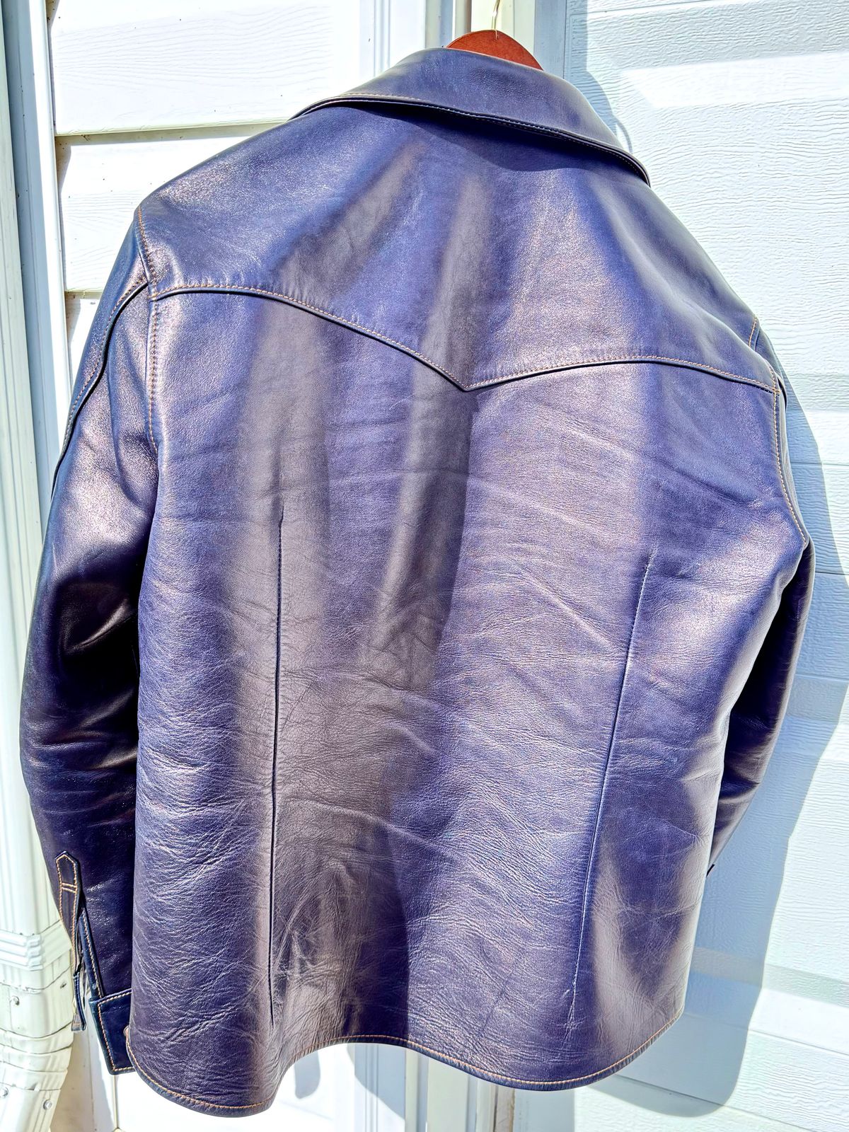 Photo by rmgman on November 4, 2025 of the Y'2 Leather The Shop Vancouver Pablo Indigo Horse Hide Western Shirt in Indigo Horsehide.