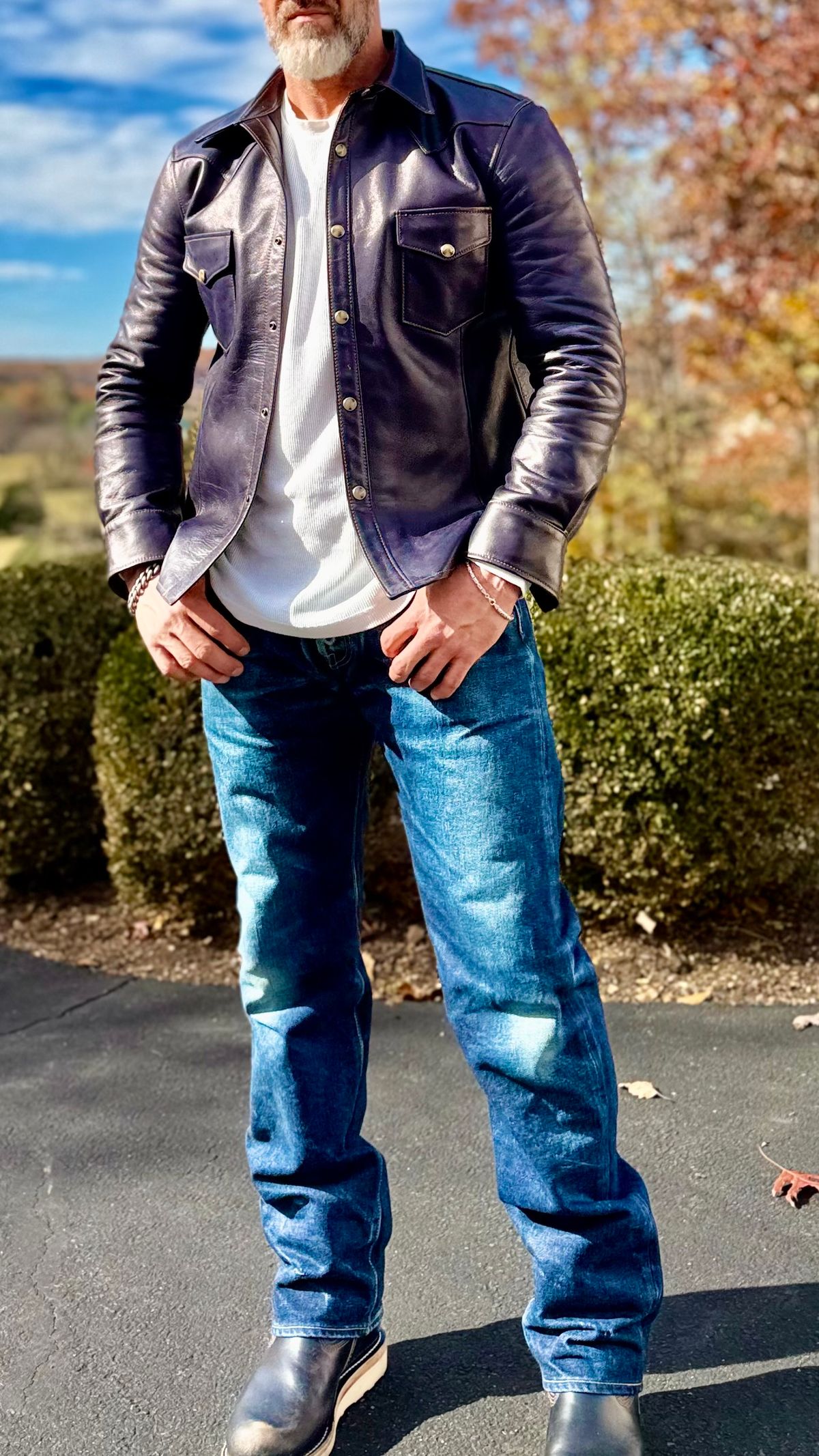 Photo by rmgman on November 4, 2025 of the Y'2 Leather The Shop Vancouver Pablo Indigo Horse Hide Western Shirt in Indigo Horsehide.