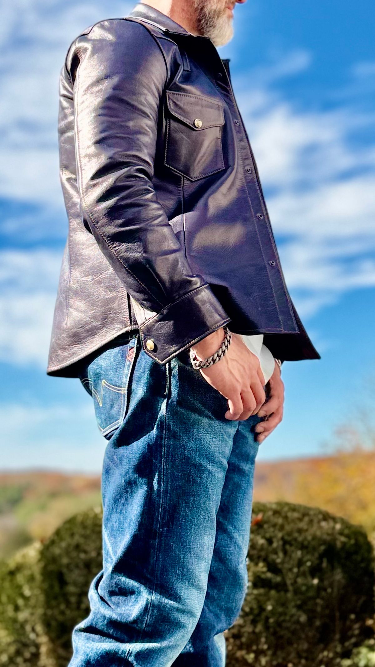 Photo by rmgman on November 4, 2025 of the Y'2 Leather The Shop Vancouver Pablo Indigo Horse Hide Western Shirt in Indigo Horsehide.