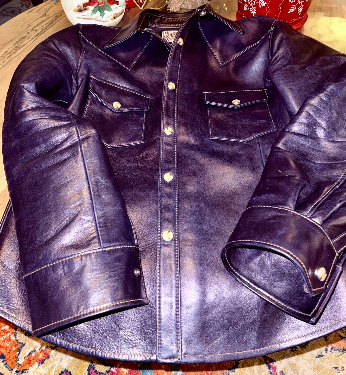 Photo by rmgman on December 6, 2025 of the Y'2 Leather The Shop Vancouver Pablo Indigo Horse Hide Western Shirt in Indigo Horsehide.