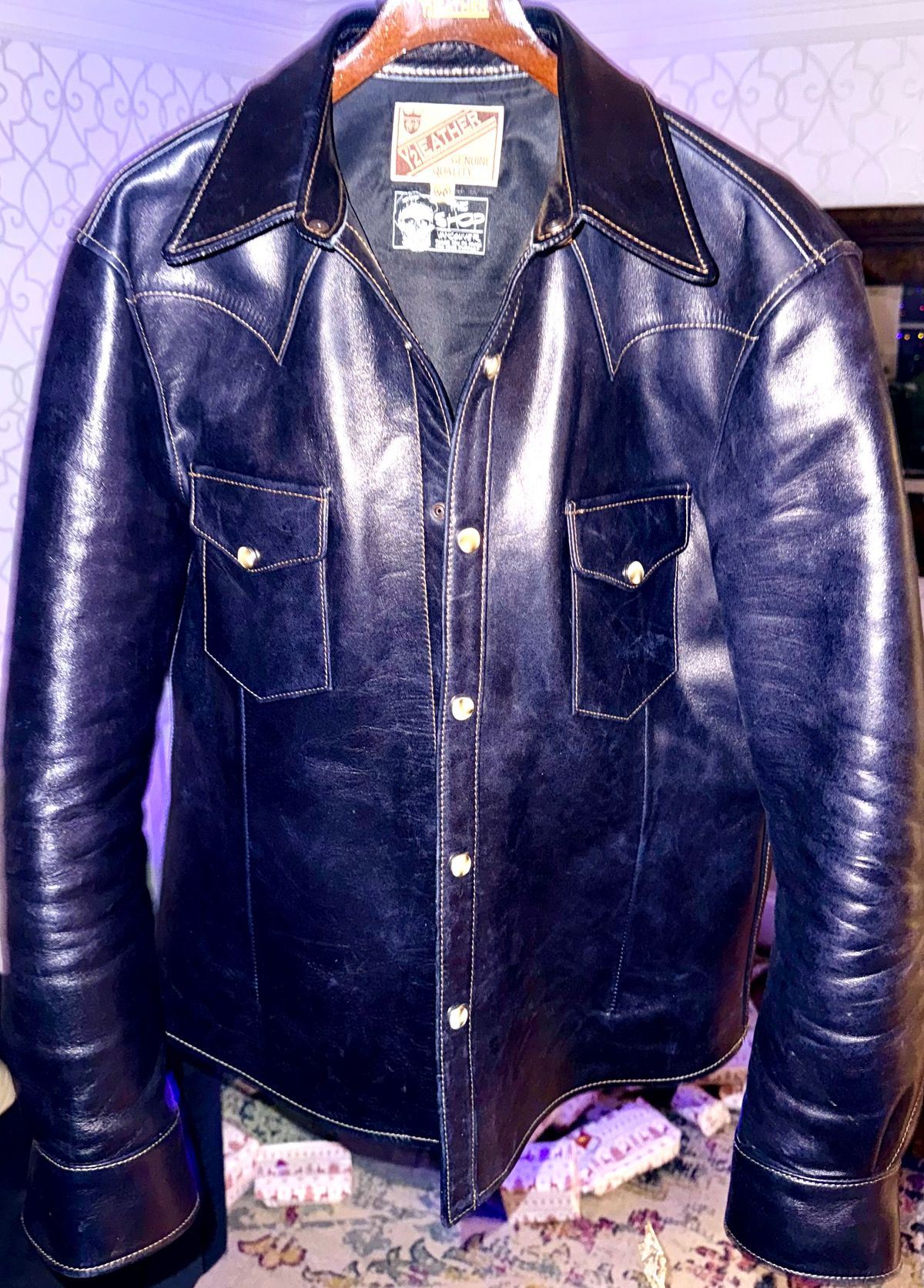 Photo by rmgman on December 6, 2025 of the Y'2 Leather The Shop Vancouver Pablo Indigo Horse Hide Western Shirt in Indigo Horsehide.