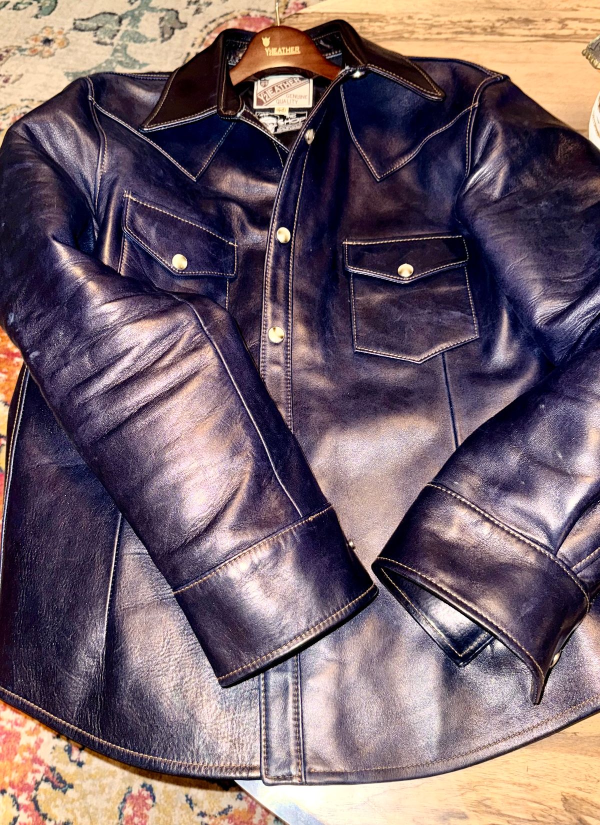 Photo by rmgman on December 6, 2025 of the Y'2 Leather The Shop Vancouver Pablo Indigo Horse Hide Western Shirt in Indigo Horsehide.