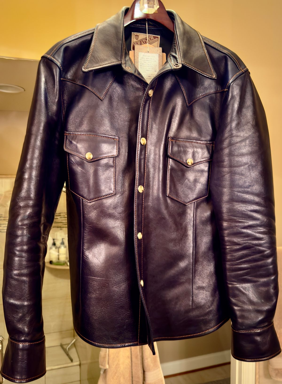 Photo by rmgman on January 6, 2026 of the Y'2 Leather The Shop Vancouver Pablo Indigo Horse Hide Western Shirt in Indigo Horsehide.
