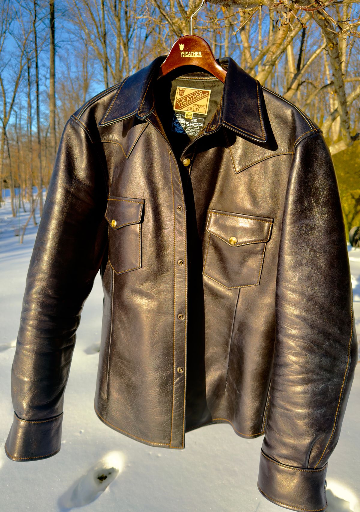 Photo by rmgman on February 5, 2026 of the Y'2 Leather The Shop Vancouver Pablo Indigo Horse Hide Western Shirt in Indigo Horsehide.