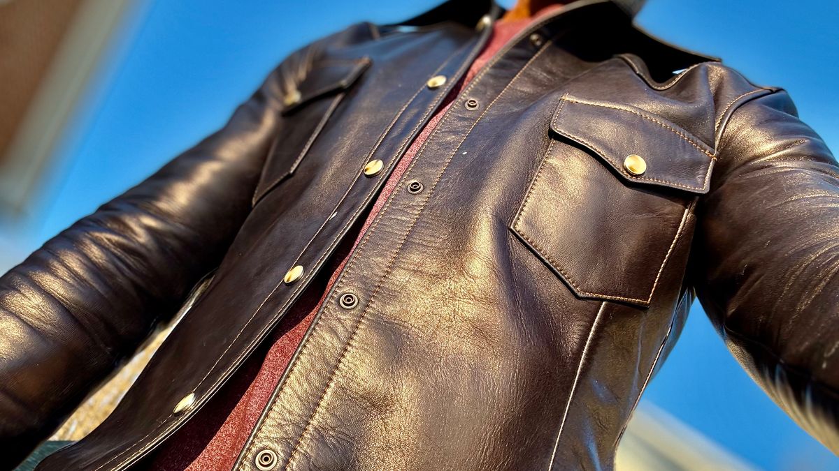 Photo by rmgman on February 5, 2026 of the Y'2 Leather The Shop Vancouver Pablo Indigo Horse Hide Western Shirt in Indigo Horsehide.