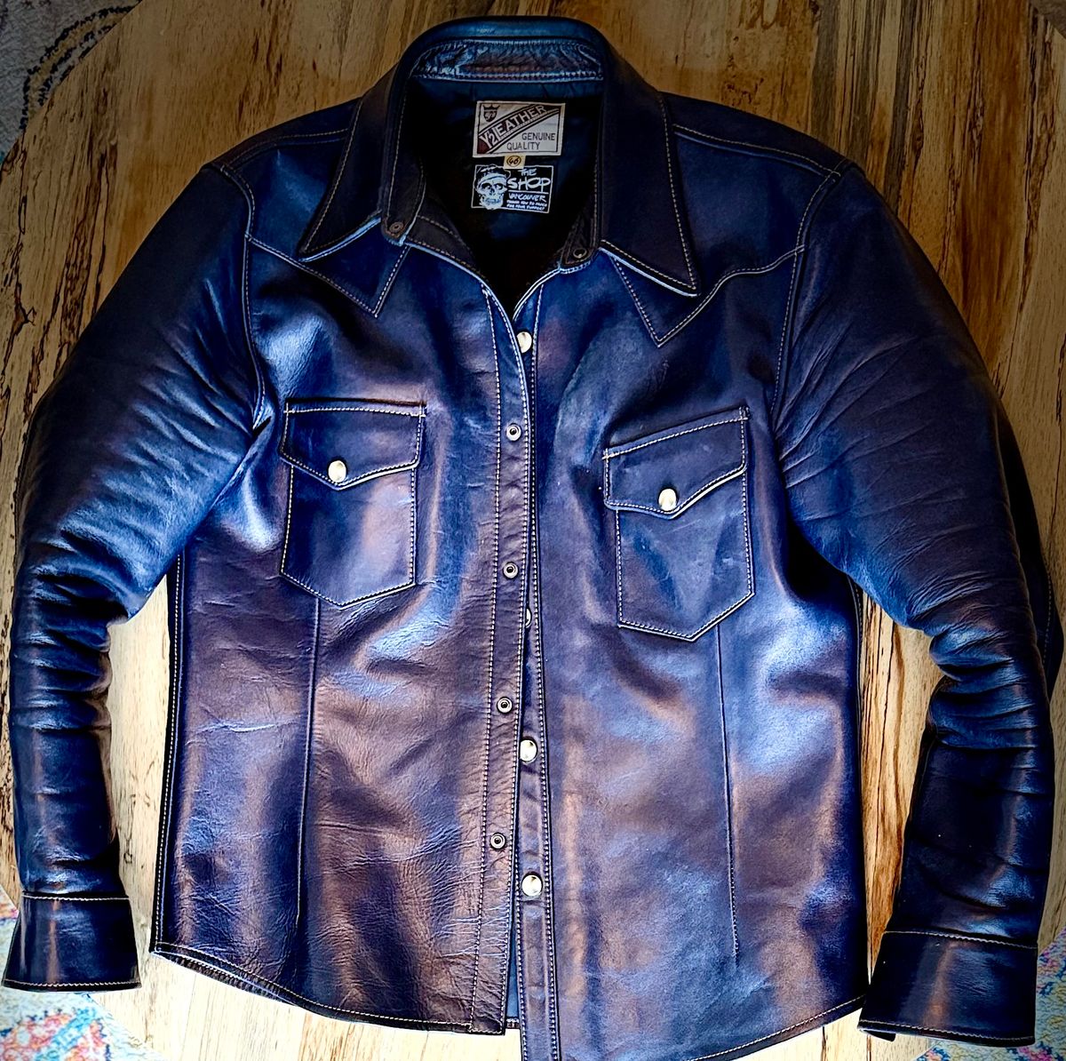 Photo by rmgman on March 6, 2026 of the Y'2 Leather The Shop Vancouver Pablo Indigo Horse Hide Western Shirt in Indigo Horsehide.