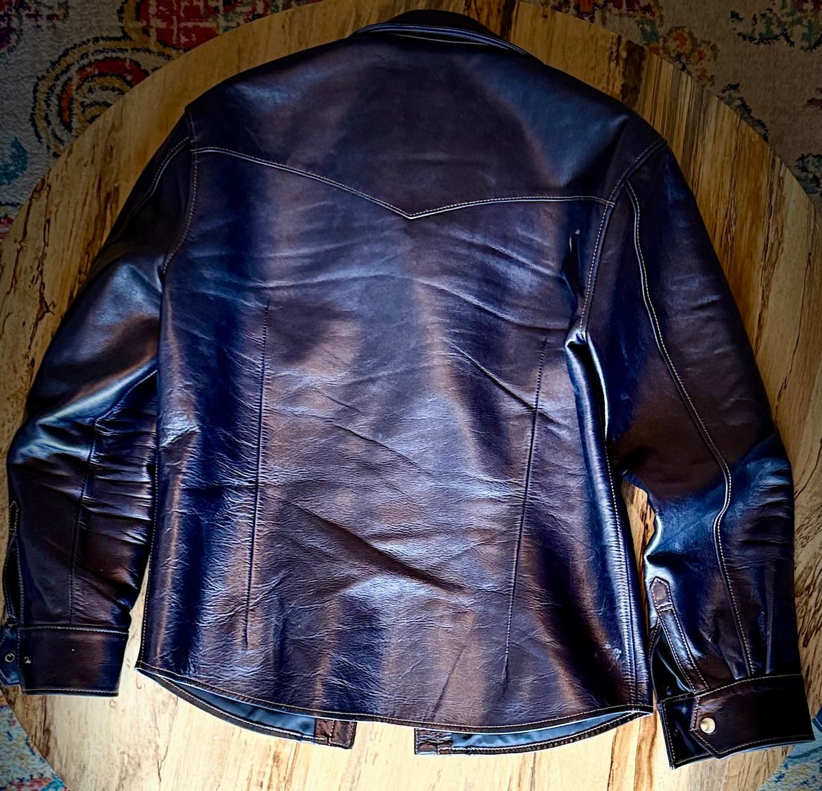 Photo by rmgman on March 6, 2026 of the Y'2 Leather The Shop Vancouver Pablo Indigo Horse Hide Western Shirt in Indigo Horsehide.