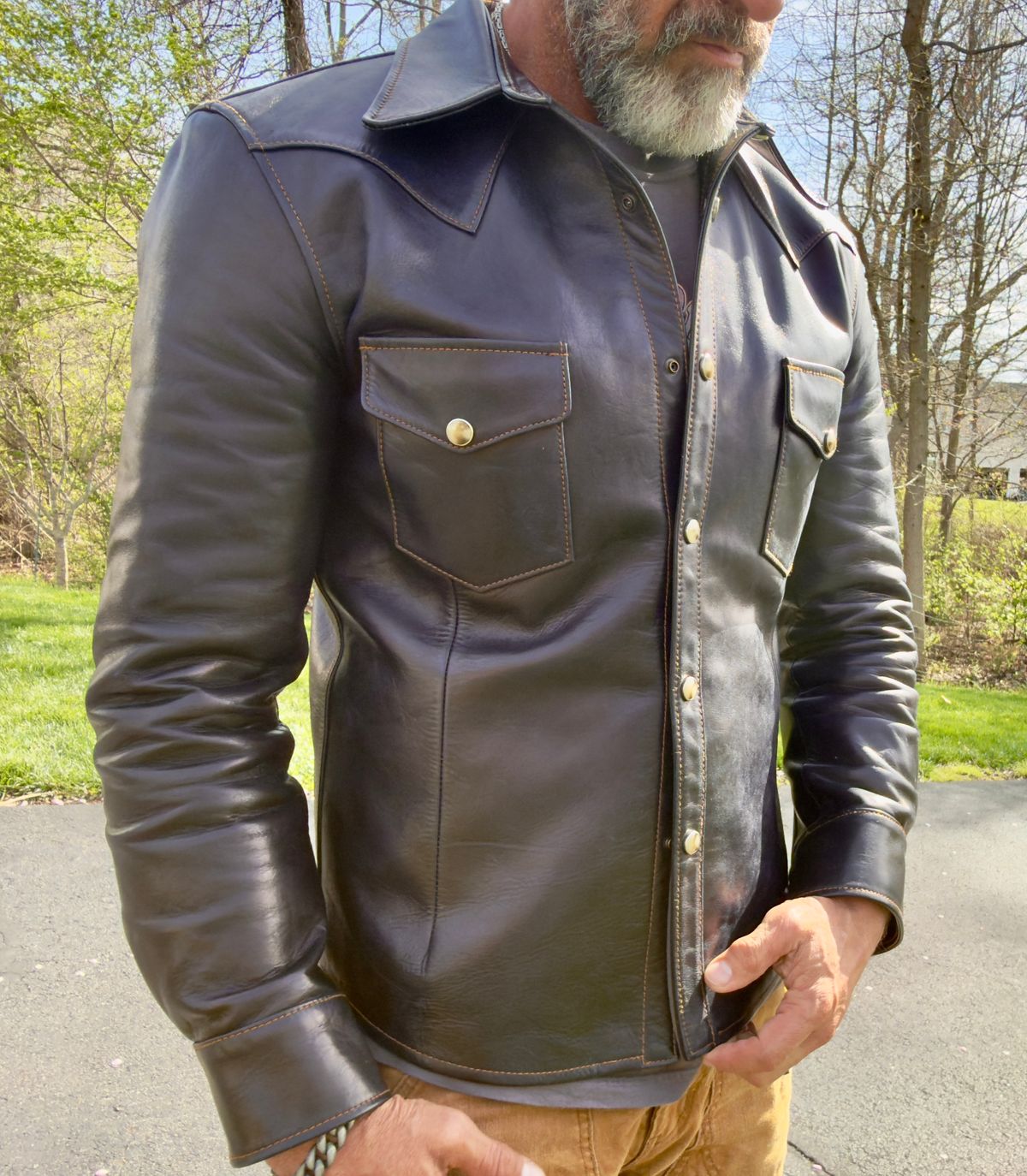 Photo by rmgman on April 5, 2026 of the Y'2 Leather The Shop Vancouver Pablo Indigo Horse Hide Western Shirt in Indigo Horsehide.