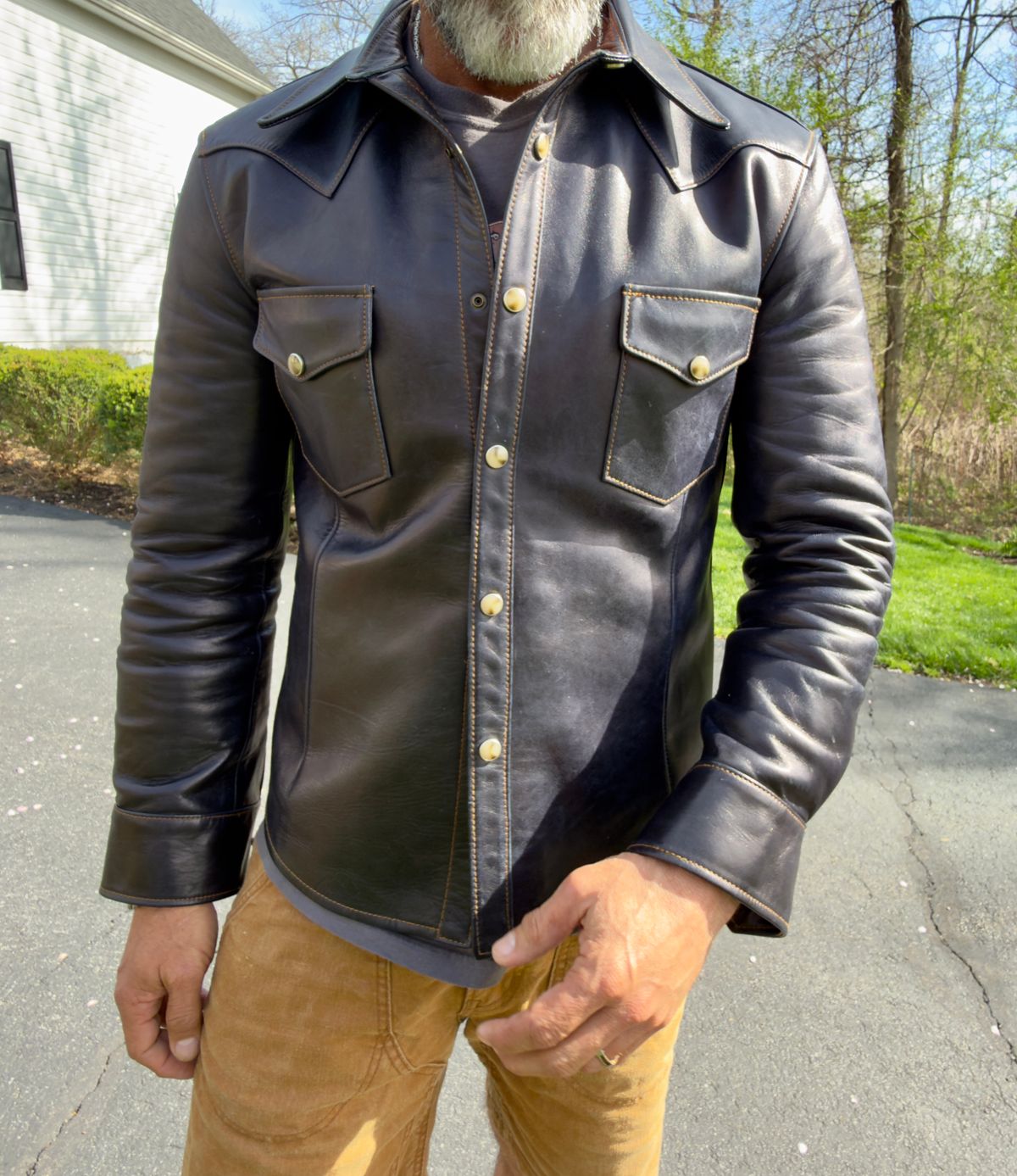 Photo by rmgman on April 5, 2026 of the Y'2 Leather The Shop Vancouver Pablo Indigo Horse Hide Western Shirt in Indigo Horsehide.