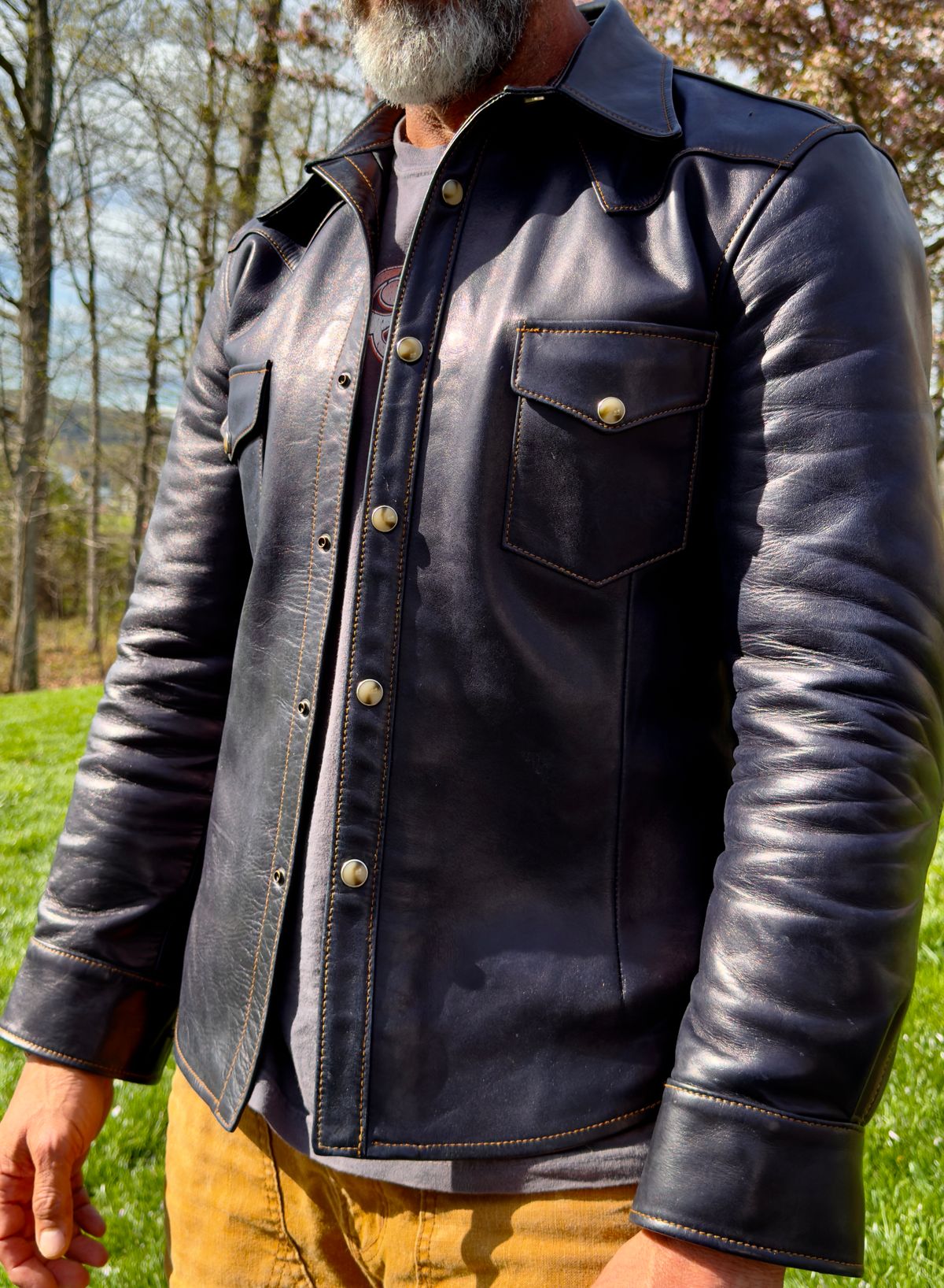 Photo by rmgman on April 5, 2026 of the Y'2 Leather The Shop Vancouver Pablo Indigo Horse Hide Western Shirt in Indigo Horsehide.