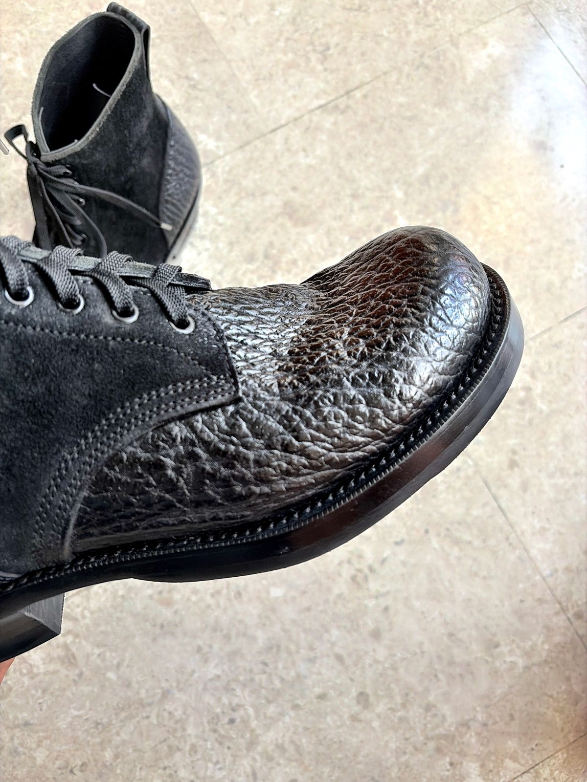 Photo by Zephyr11 on January 31, 2026 of the Johnny Works Jump Boots in Shark Skin & Maryam Natural Horsebutt Roughout.