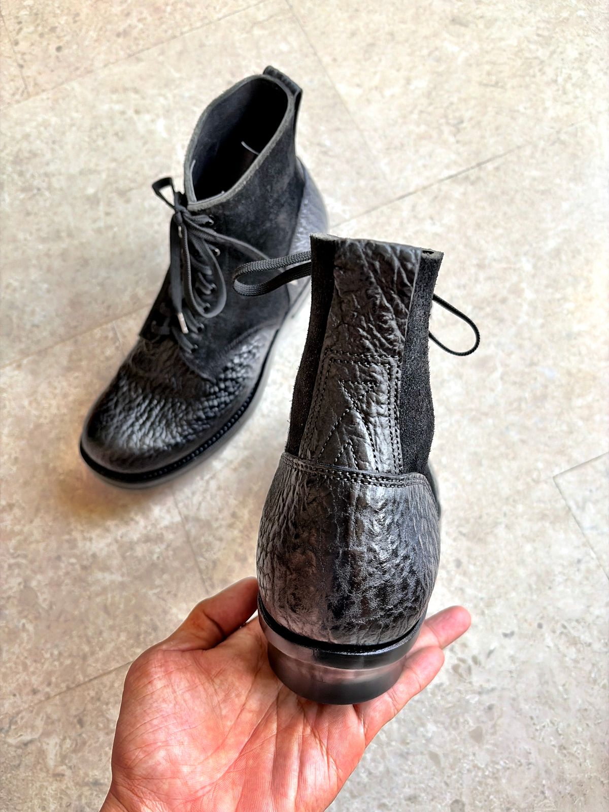 Photo by Zephyr11 on January 31, 2026 of the Johnny Works Jump Boots in Shark Skin & Maryam Natural Horsebutt Roughout.