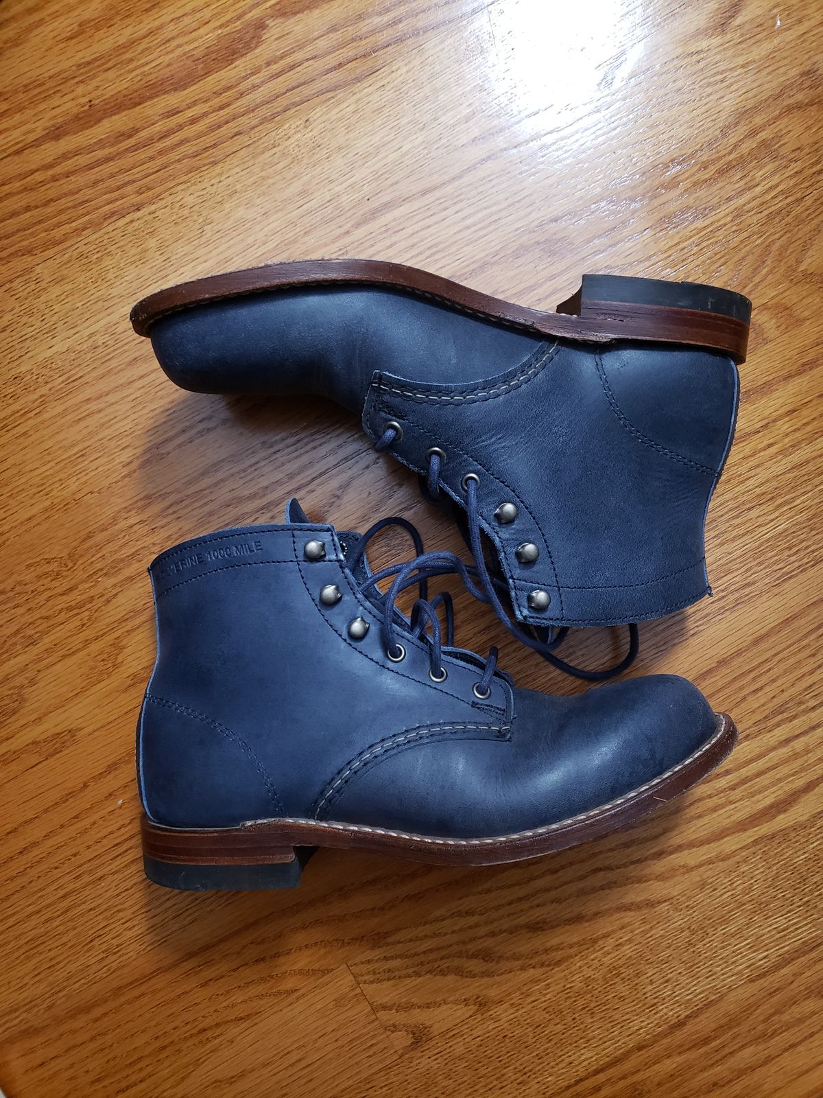 Photo by bootsforlife on November 6, 2025 of the Wolverine 1000 Mile Plain-Toe Boot in Horween Navy Olive Tan.
