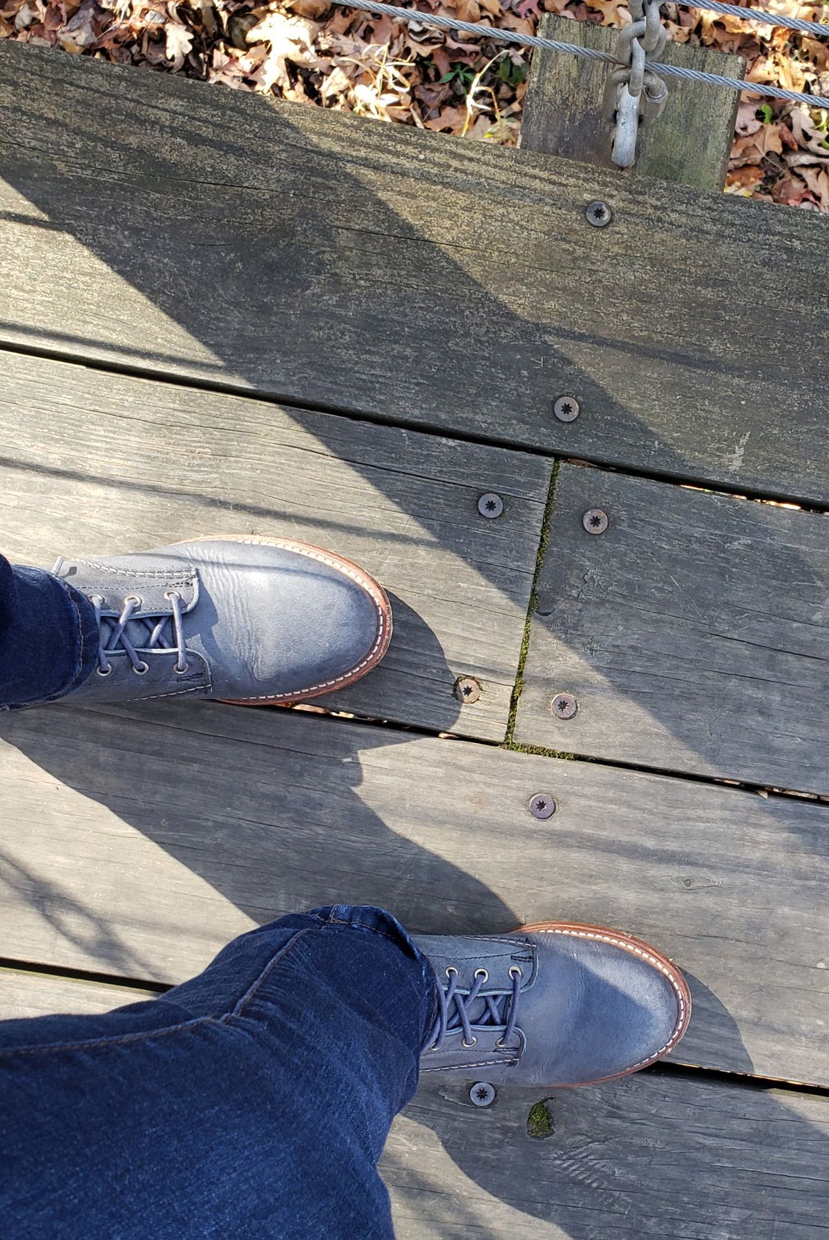 Photo by bootsforlife on November 16, 2025 of the Wolverine 1000 Mile Plain-Toe Boot in Horween Navy Olive Tan.