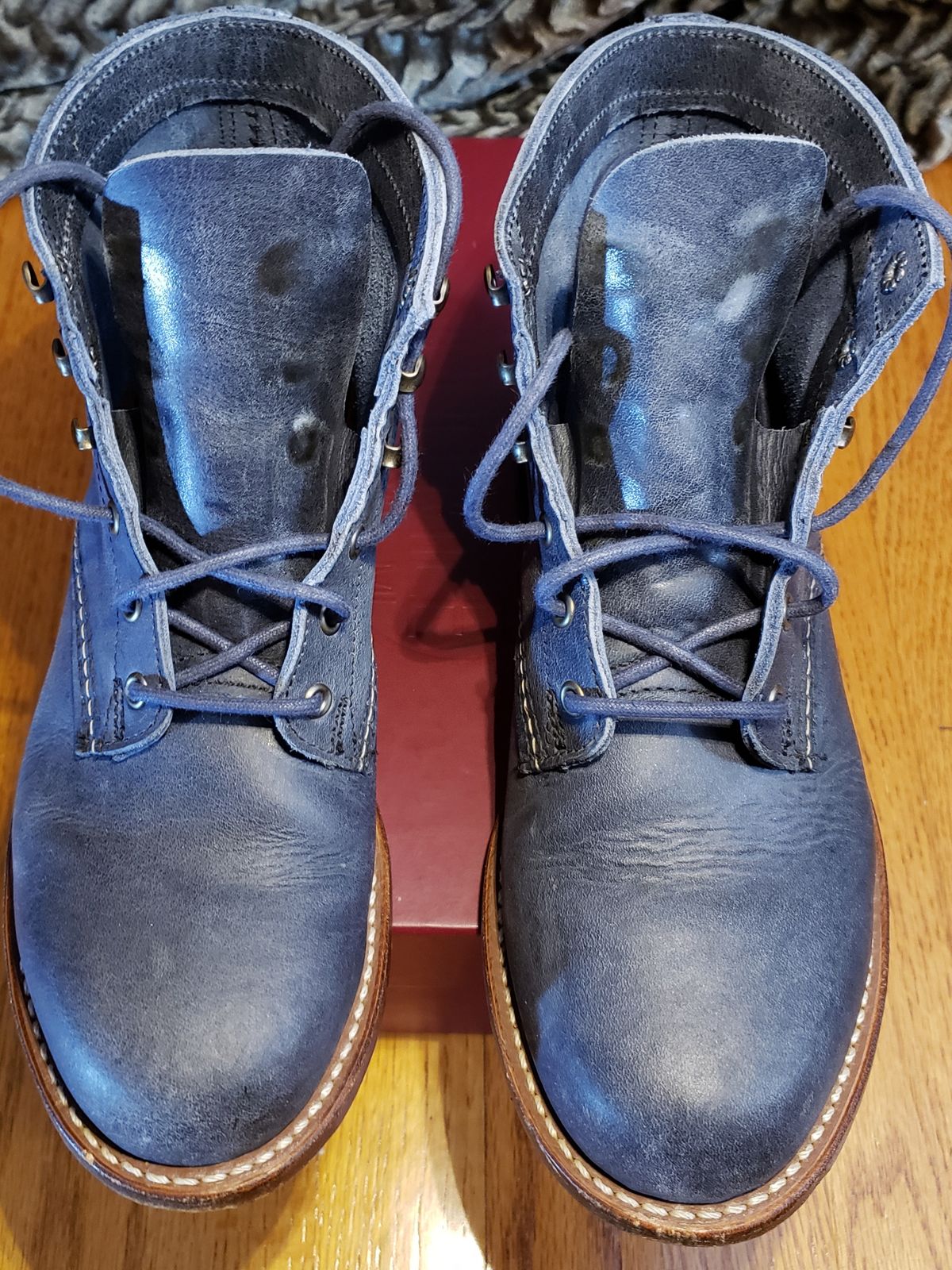 Photo by bootsforlife on December 6, 2025 of the Wolverine 1000 Mile Plain-Toe Boot in Horween Navy Olive Tan.