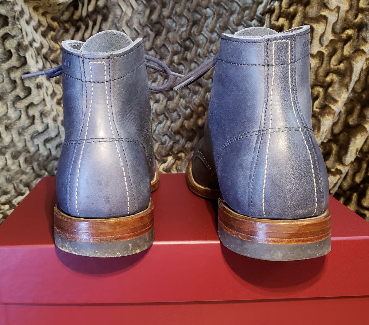 Photo by bootsforlife on December 6, 2025 of the Wolverine 1000 Mile Plain-Toe Boot in Horween Navy Olive Tan.