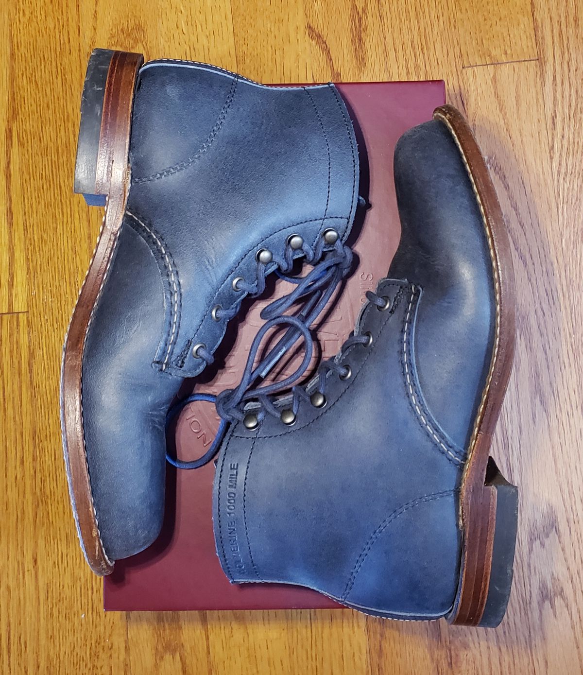 Photo by bootsforlife on December 6, 2025 of the Wolverine 1000 Mile Plain-Toe Boot in Horween Navy Olive Tan.