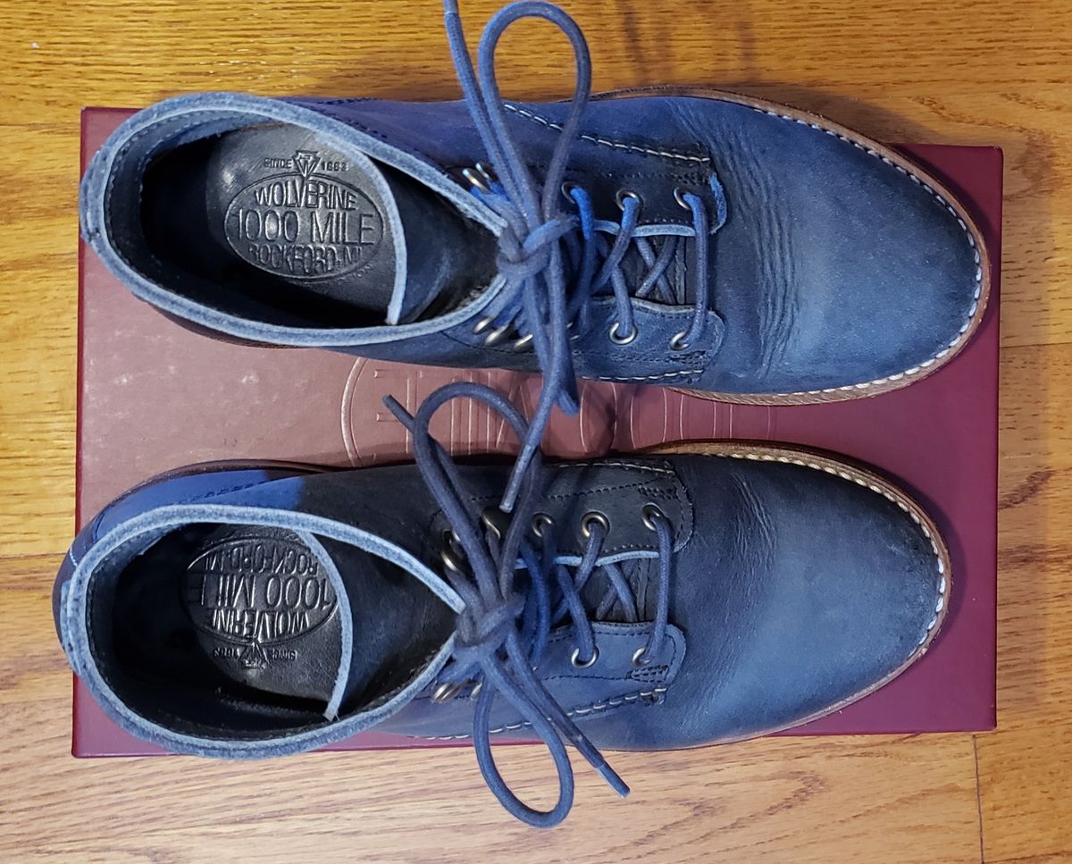 Photo by bootsforlife on December 6, 2025 of the Wolverine 1000 Mile Plain-Toe Boot in Horween Navy Olive Tan.