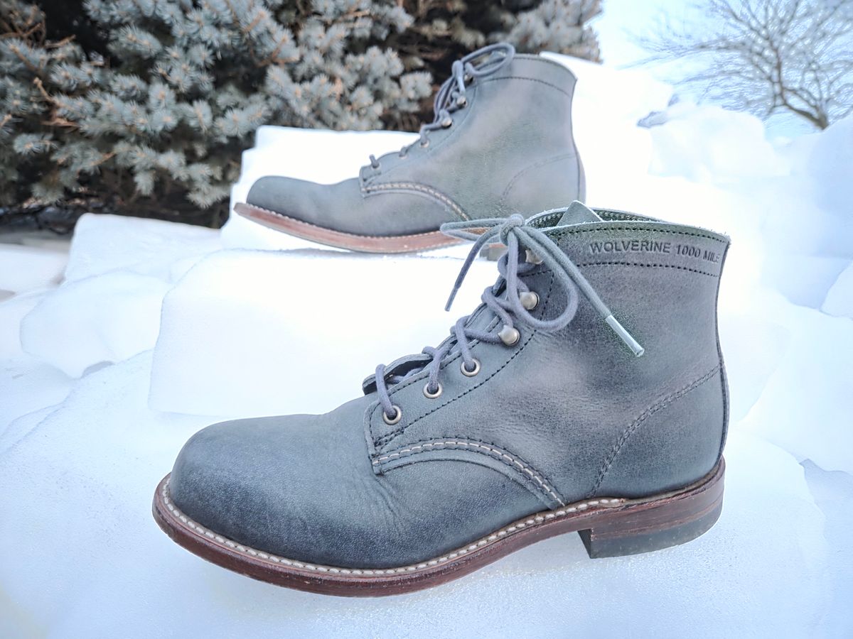 Photo by bootsforlife on February 5, 2026 of the Wolverine 1000 Mile Plain-Toe Boot in Horween Navy Olive Tan.