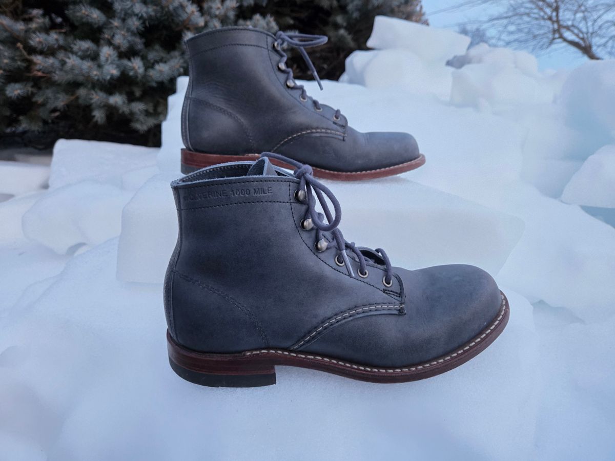 Photo by bootsforlife on February 5, 2026 of the Wolverine 1000 Mile Plain-Toe Boot in Horween Navy Olive Tan.
