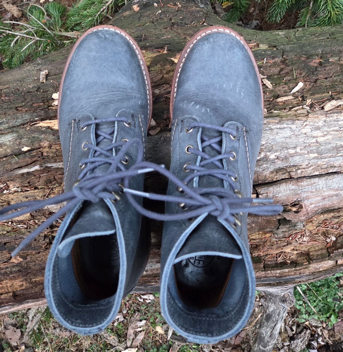 Photo by bootsforlife on March 5, 2026 of the Wolverine 1000 Mile Plain-Toe Boot in Horween Navy Olive Tan.