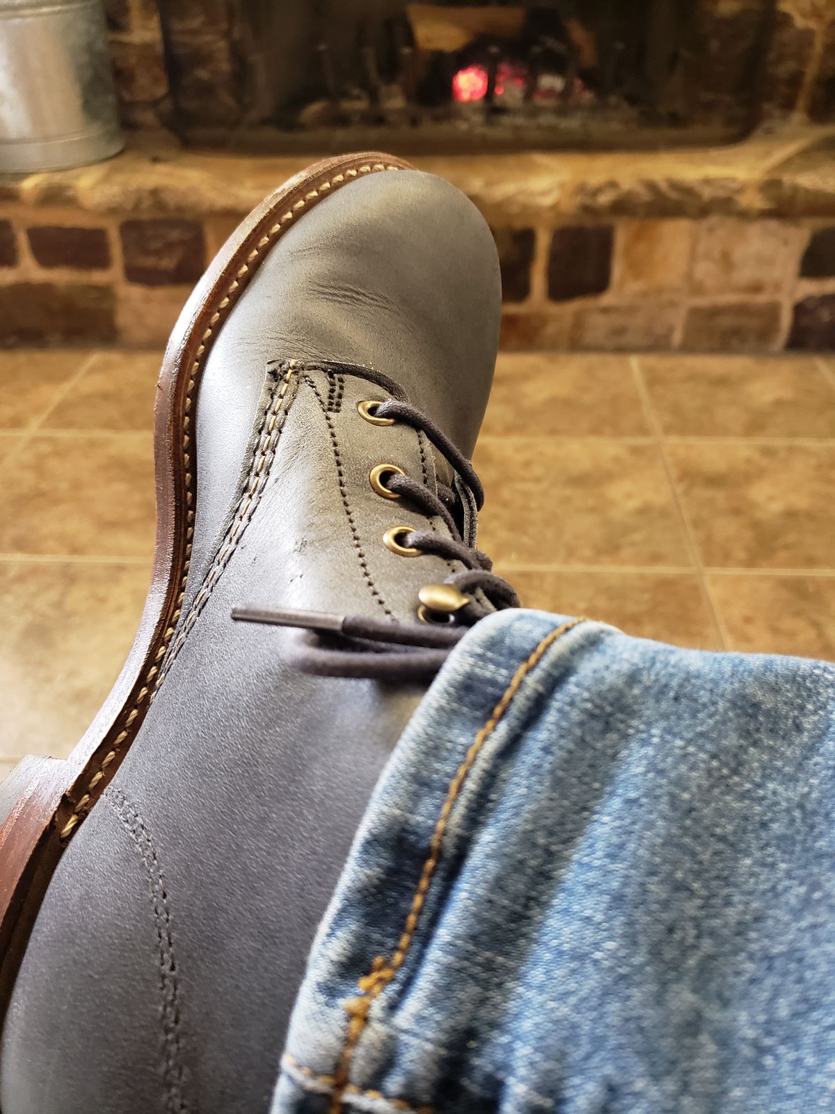 Photo by bootsforlife on November 17, 2024 of the Wolverine 1000 Mile Plain-Toe Boot in Horween Olive Tanned.