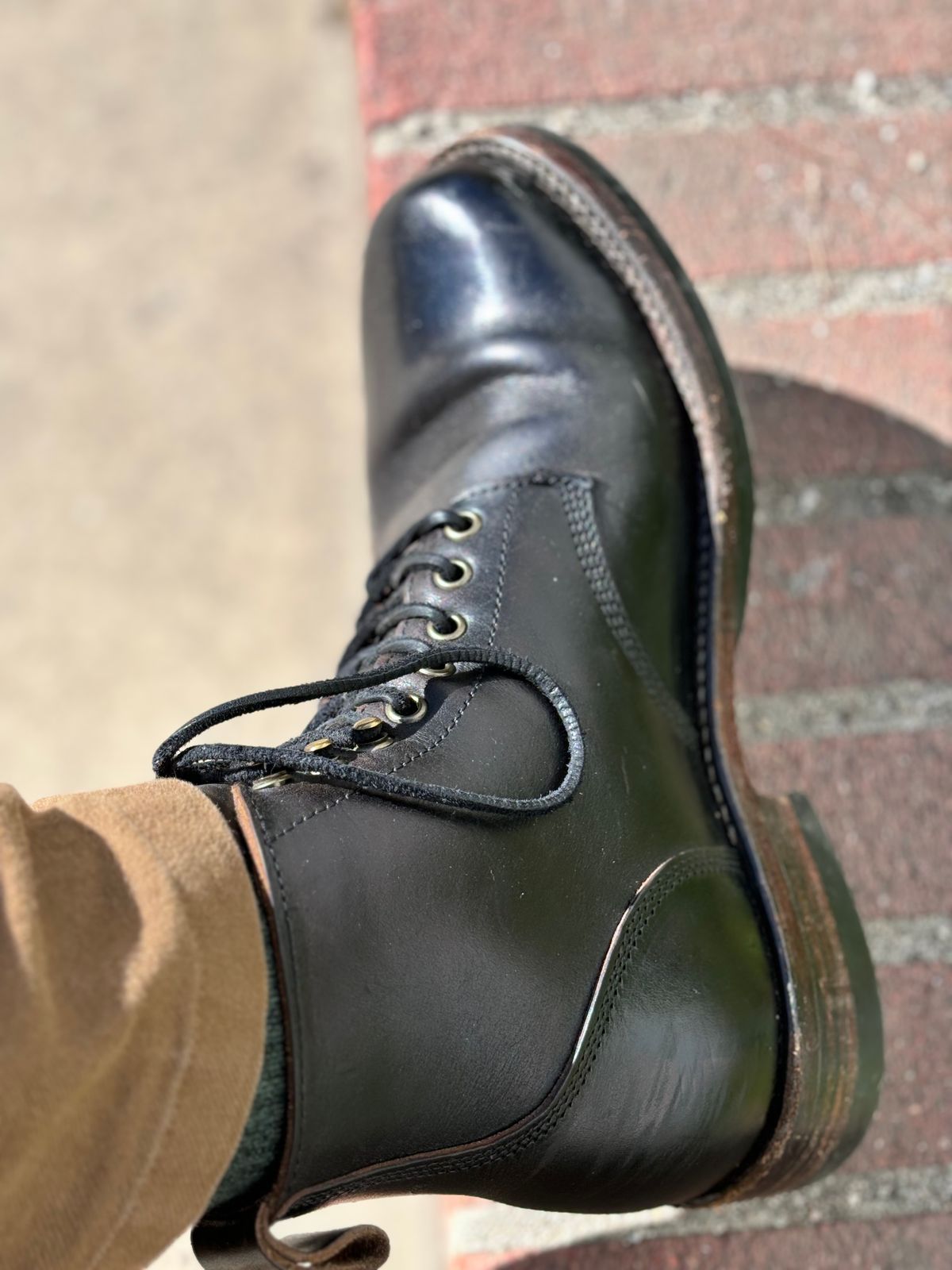 Photo by GodsRedeemed on November 12, 2024 of the All American Boot Mfg. Trench Boot in Horween Black Chromexcel.