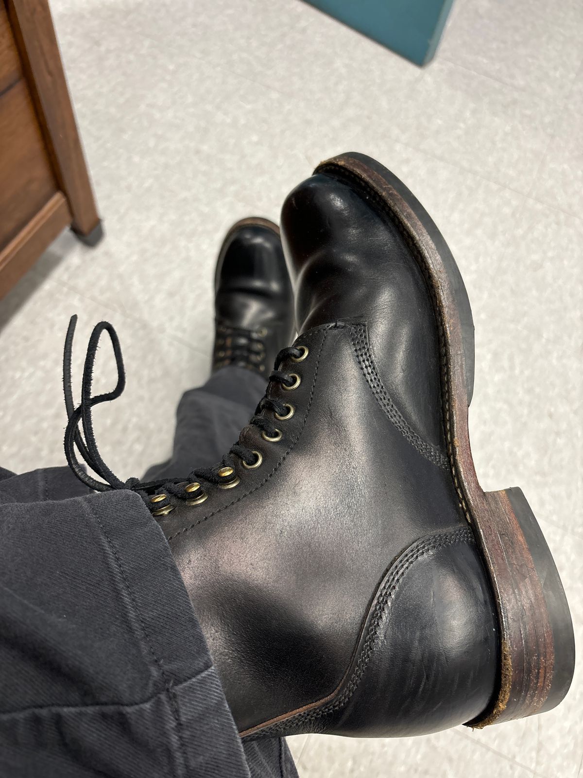 Photo by GodsRedeemed on November 19, 2024 of the All American Boot Mfg. Trench Boot in Horween Black Chromexcel.