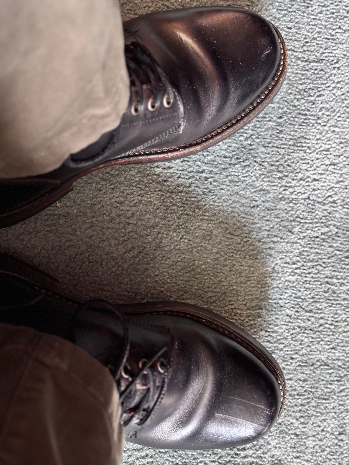 Photo by GodsRedeemed on December 22, 2024 of the All American Boot Mfg. Trench Boot in Horween Black Chromexcel.