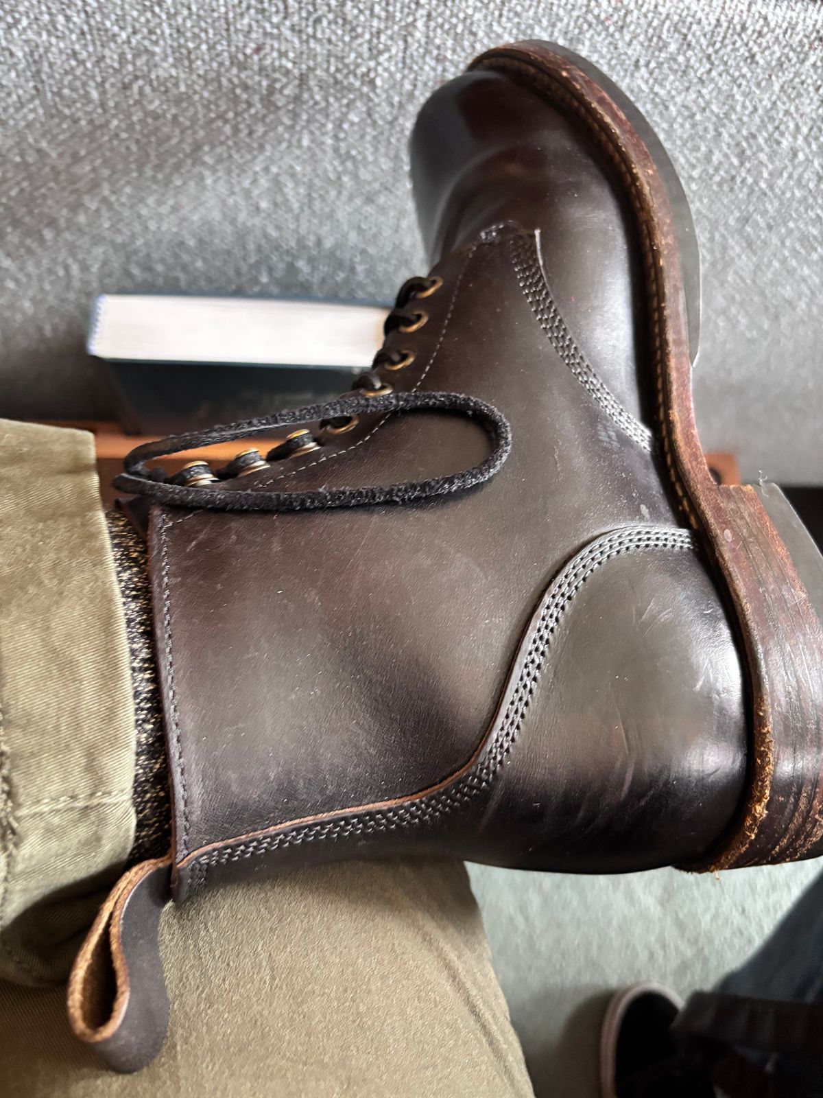 Photo by GodsRedeemed on December 22, 2024 of the All American Boot Mfg. Trench Boot in Horween Black Chromexcel.