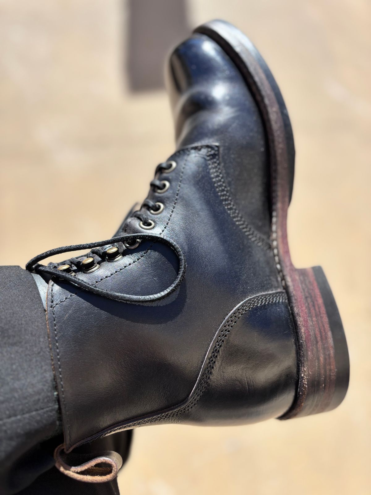 Photo by GodsRedeemed on January 9, 2025 of the All American Boot Mfg. Trench Boot in Horween Black Chromexcel.